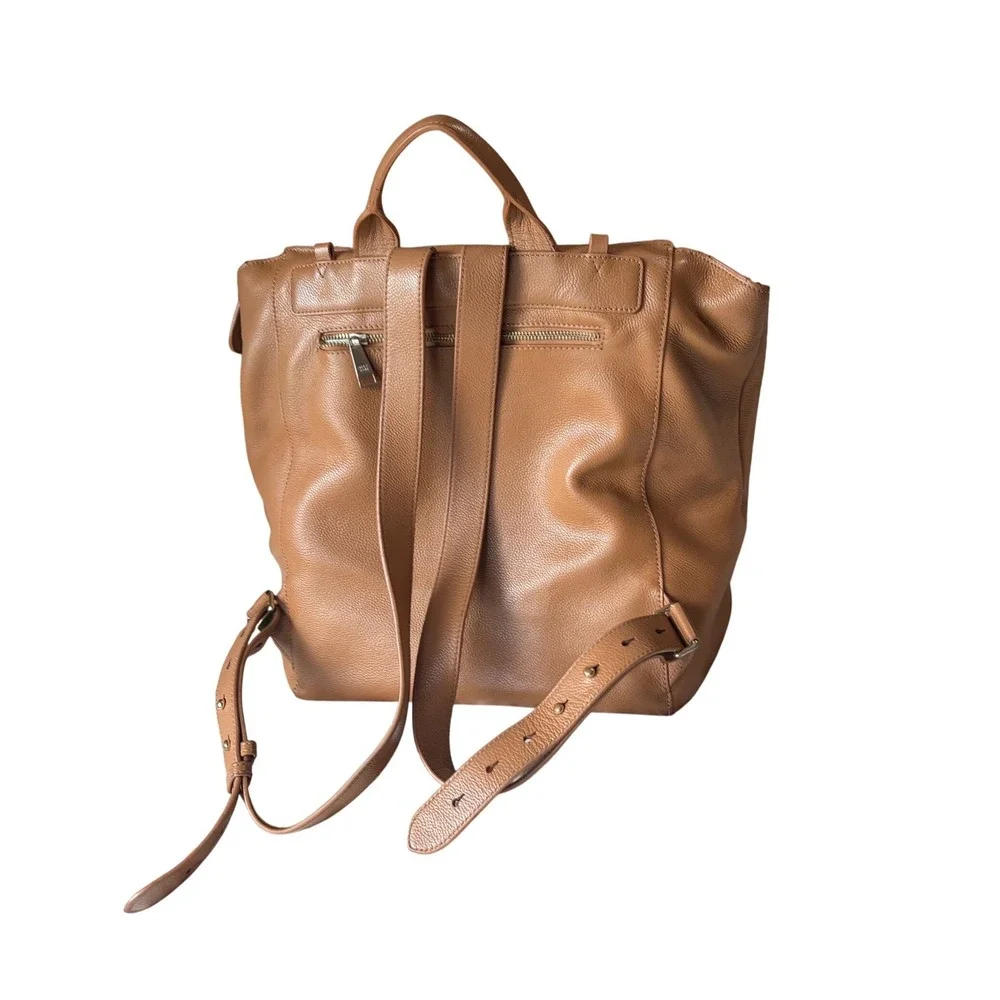 Mina Baie Stevie Tan Pebbled Leather Backpack Diaper Bag Gold Hardware